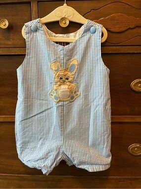 Lil Cactus Light Blue Gingham Baby Romper with Bunny Applique